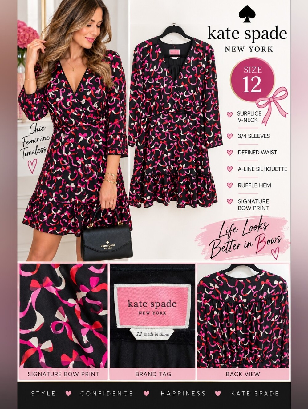 Kate Spade New York Ribbon Bow Print Ruffle Dress Black Pink Size 12